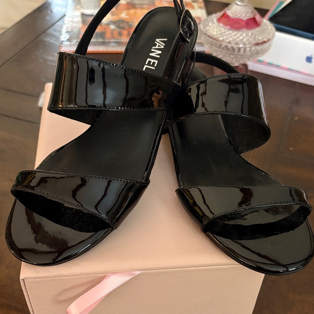 Vaneli Black Patent Double-Strap Ankle Sandals-Size 7.5